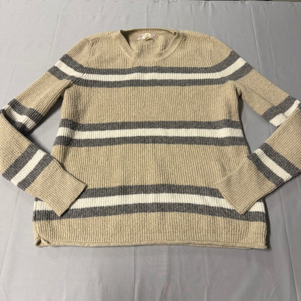 Pink Republic Womens Striped Ribbed Crewneck Sweater Oatmeal Grey Large